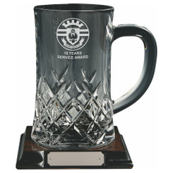 Crystal 1pt Tankard on Wood Base (With Panel for Engraving) - 17cm