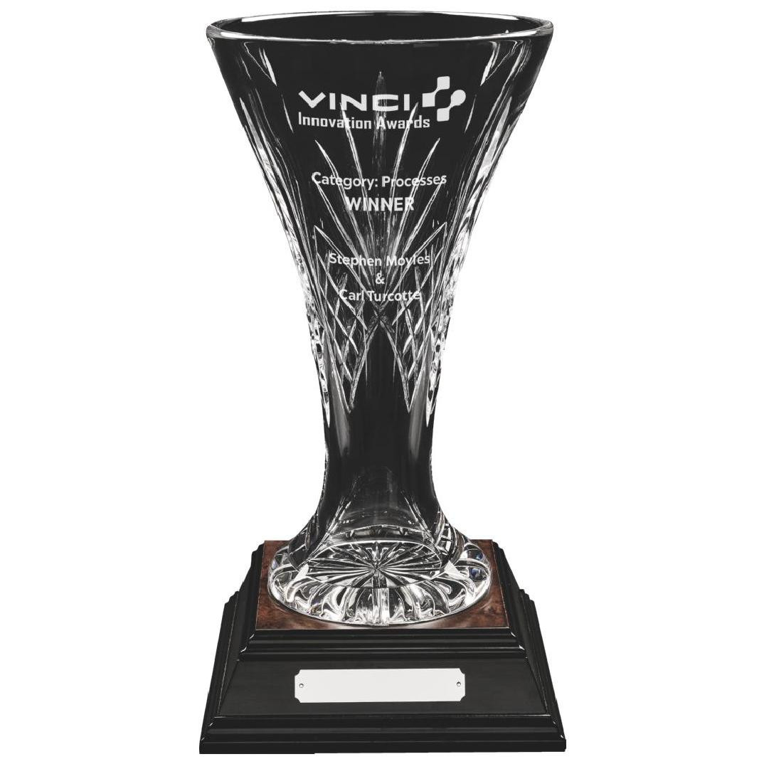Large Crystal Vase On Wood Base 42cm 16 1 2 Bullseye Awards