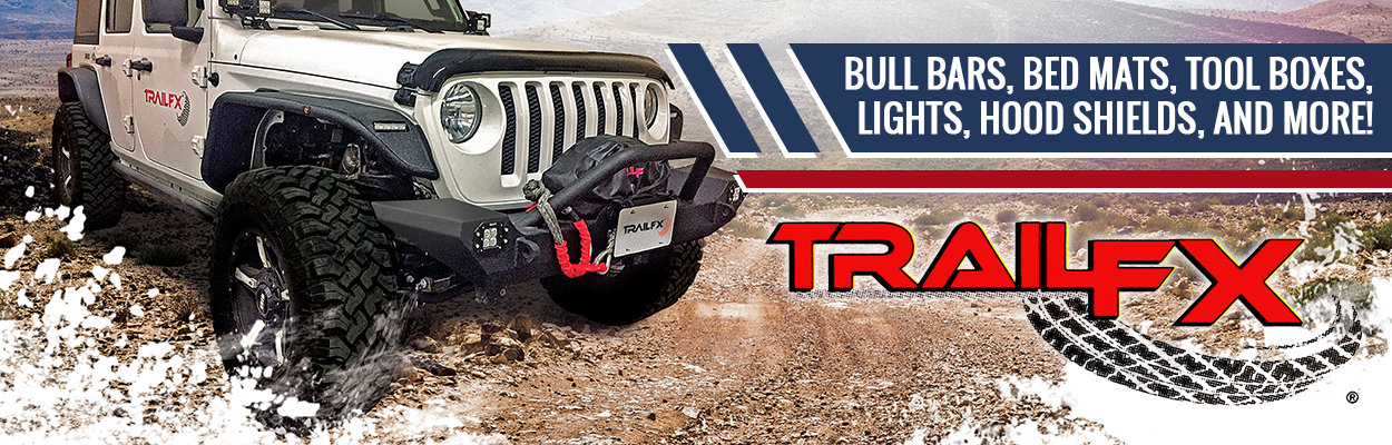 A banner ad for TrailFX, featuring a picture of an offroad vehicle and the text "Bull bars, Bed Mats, Tool Boxes, Lights, Hood Shields, And more!"