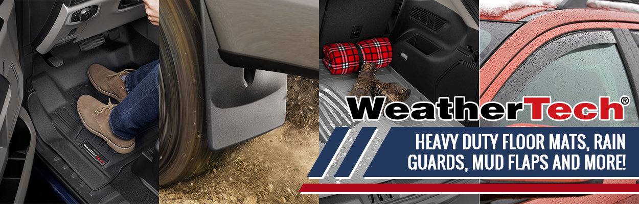 A banner ad for WeatherTech, featuring a collage of mud flaps, floor mats, and window rain guards