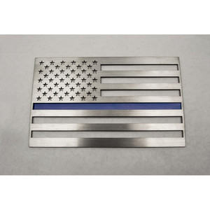 1pc Brushed Stainless Steel Driver Side Flag Emblem w/Blue Line Insert