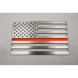 1pc Brushed Stainless Steel Driver Side Flag Emblem w/Red Line Insert