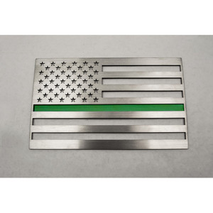 1pc Brushed Stainless Steel Driver Side Flag Emblem w/Green Line Insert