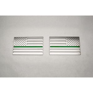 2pc Polished Stainless Steel Flag Emblems w/Green Line Insert