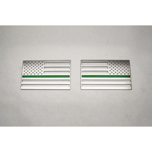2pc Brushed Stainless Steel Flag Emblems w/Green Line Insert