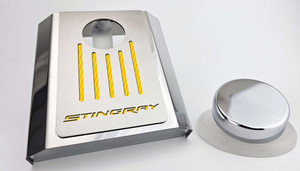 Master Cylinder Cover w/Yellow Carbon Fiber "Stingray" for 14-19 Corvette Auto