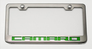 Liscense Plate Frame w/Green Carbon Fiber "Camaro" Lettering