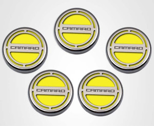 5pc Fluid Cap Covers w/Yellow "Camaro" for 2010-2022 Chevy Camaro V8