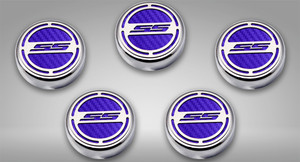 5pc Fluid Cap Covers w/Purple Carbon Fiber "SS" for 2010-2022 Chevy Camaro SS V8