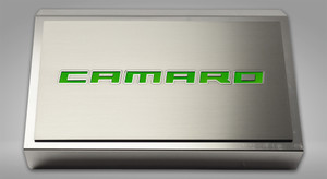 2pc Polished Fuse Box Cover w/Synergy Green "Camaro" for 16-21 Chevy Camaro