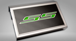 Polished Fuse Box Cover w/Synergy Green "SS" CF Top Plate for 16-21 Camaro SS V6