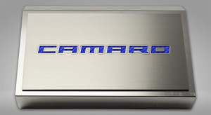 2pc Brushed Fuse Box Cover w/Blue Carbon Fiber "Camaro" for 16-21 Chevy Camaro