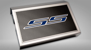 2pc Brushed Fuse Box Cover w/Dark Blue "SS" CF Top Plate for 16-21 Camaro SS V8