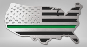 1pc Brushed Emblem w/Thin Green Line USA Flag Map Style