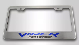 Polished License Plate Frame w/Blue Carbon Fiber "Viper Powered"