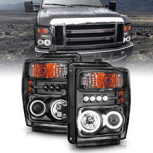 Black Clear Lens Headlight Set w/Halo for 2008-2010 Ford F-250 Super Duty [CCFL]