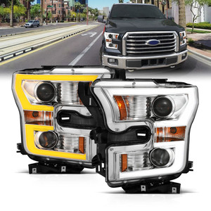 Chrome Clear/Amber Lens Headlights wSwtchbk for 15-17 Ford F-150 w/o HID [Plank]