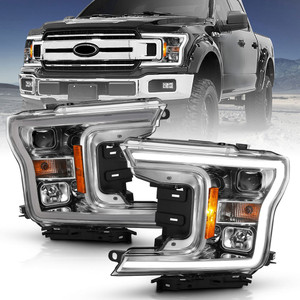 Chrome Clear/Amber Lens Headlights w/Halo for 2018-2020 Ford F-150 [Plank Style]