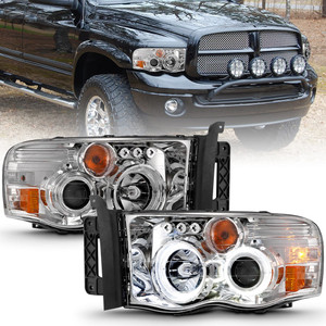 Chrome Clear/Amber Lens Projector Headlight Set w/Halo for 02-05 Dodge Ram 1500