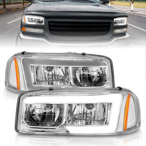 Chrome Clear Lens Crystal Headlight Set w/Light Bar for 1999-06 GMC Sierra 1500