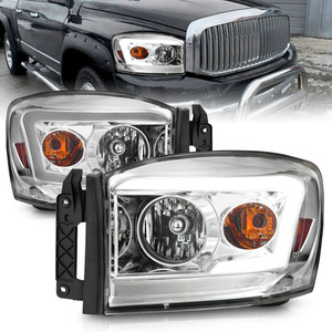 Chrome Clear Lens Headlights w/Light Bar for 06-09 Dodge Ram 2500 w/Halogen
