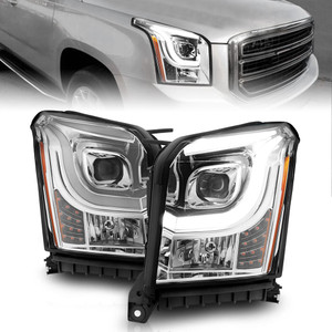 Chrome Clear Lens Projector Headlight Set w/Light Bar for 2015-2020 GMC Yukon