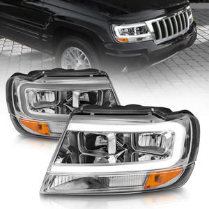 Chrome Clear Lens Headlight Assembly w/Light Bar for 1999-04 Jeep Grand Cherokee