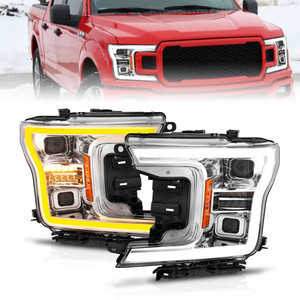 Chrome Clear Lens LED Headlight Set w/Light Bar for 2018-2020 Ford F-150 w/o LED