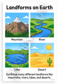 Landforms on Earth Mountains Rivers Lakes Deserts Educational 12x18 US Made Poster