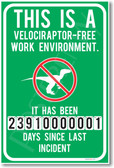 This is a Velociraptor-Free Environment - NEW Work Place Safety Humor Poster (hu163)