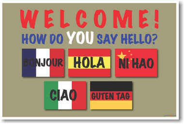 Welcome - How Do You say Hello? Bonjour, Hola, Ni Hao, Ciao, Guten Tag - NEW Classroom Foreign Language Motivational Poster