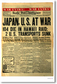 Japan U.S at War Headline - NEW Vintage Newspaper Print Poster