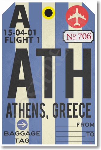 ATH - Athens, Greece Airport Tag - NEW World Travel Poster 
