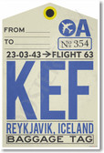 KEF - Reykjavik, Iceland - Airport Tag - NEW World Travel Poster