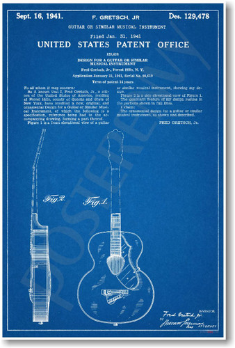 Gretsch Guitar Patent - NEW Famous Invention Blueprint Poster (fa119)