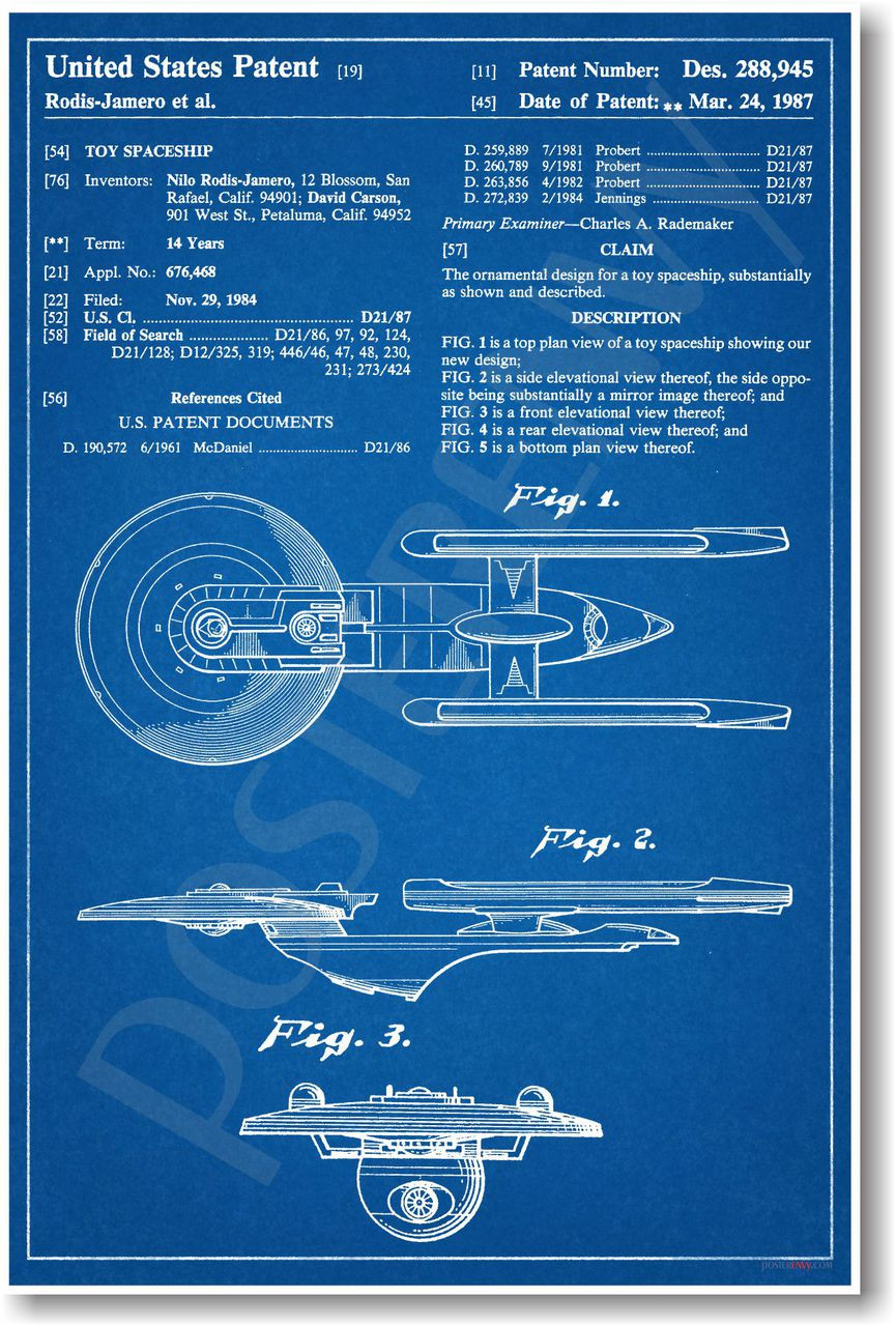 PosterEnvy - Star Trek - Starship Enterprise Patent - NEW Famous Invention  Patent Poster (fa168)