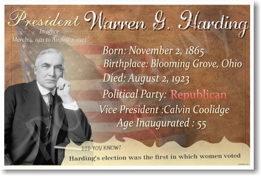 Presidential Series - U.S. President Warren G. Harding - New Social Studies Poster (fp395) Women Suffrage 1920s American History PosterEnvy