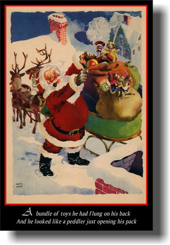 Twas The Night Before Christmas - Santa Claus Opening His Pack of Toys - Vintage Christmas Holiday Poster
