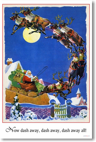 Santa Claus - Jolly St. Nick Sleigh Reindeer -Twas the Night Before Christmas - Vintage Holiday Poster