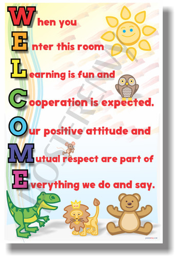 Welcome When You Enter This Room chalkboard New Classroom Motivational Poster (cm1186) learning teachers students friendly animals stuffed