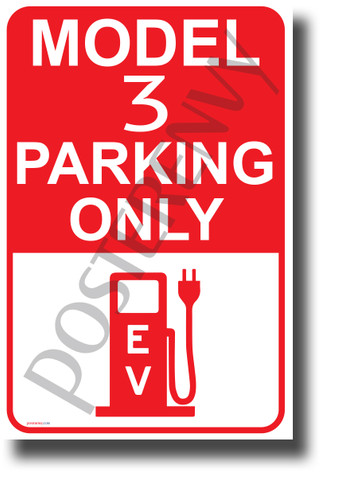 Tesla Model 3 Parking (Red) - NEW Electric Vehicle Humor Car POSTER