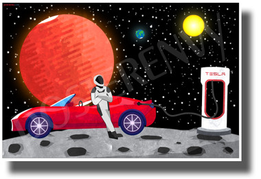 Starman Charging the Roadster on an Asteroid - NEW Humor Novelty POSTER