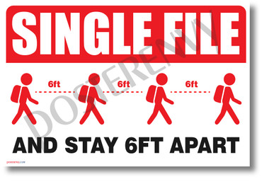 Single File and Stay 6 feet Apart - New Public Safety POSTER