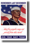 Remember Last December!  Join Your Navy Today - NEW Vintage WW2 Reprint Poster