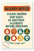 Please Let Us Know About Allergies Restaurant Kitchen Workplace Food Safety Employee sign poster - 18 inch x 12 inch