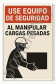 Safety and Emergency Signs Wear Safety Gear When Handling Heavy Loads - Spanish - Use Equipo De Seguridad Al Manipular Cargas Pesadas Poster 18 inch x 12 inch