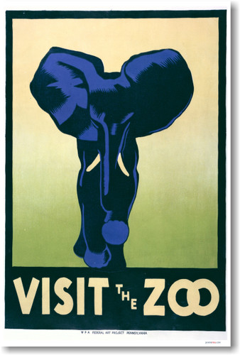 Visit The Zoo - Blue Elephant WPA - New Classic Vintage Art Print Poster (vi028)