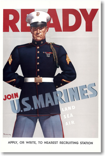 Ready - Join the U.S. Marines - Land Sea Air - Vintage WW2 World War 2 Recruiting Art 1942 artist Haddon Sundblom Poster (vi003)