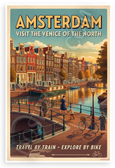 Amsterdam Visit Venice of the North Travel by Train Explore by Bike Vintage 12x18 US Made Poster