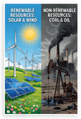 Renewable vs Non-Renewable Resources Solar Wind Coal Oil Educational 12x18 US Made Poster